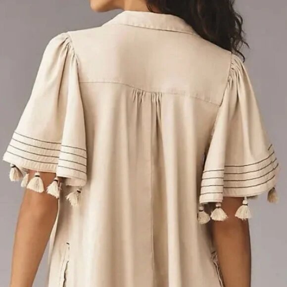 NWT Anthropologie Maeve Collared Linen Blend Button-Front Tassel Mini Dress Med - Picture 4 of 6